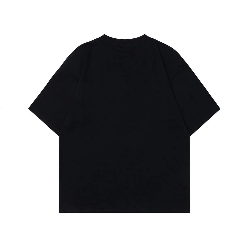 Men's grey cotton T-shirt with character design print showing loose fit and short sleeves