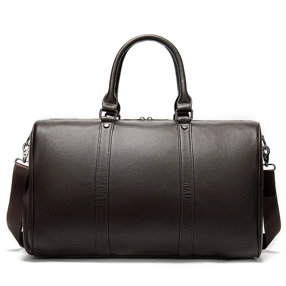 Men's black leather excursion tote bag with single strap