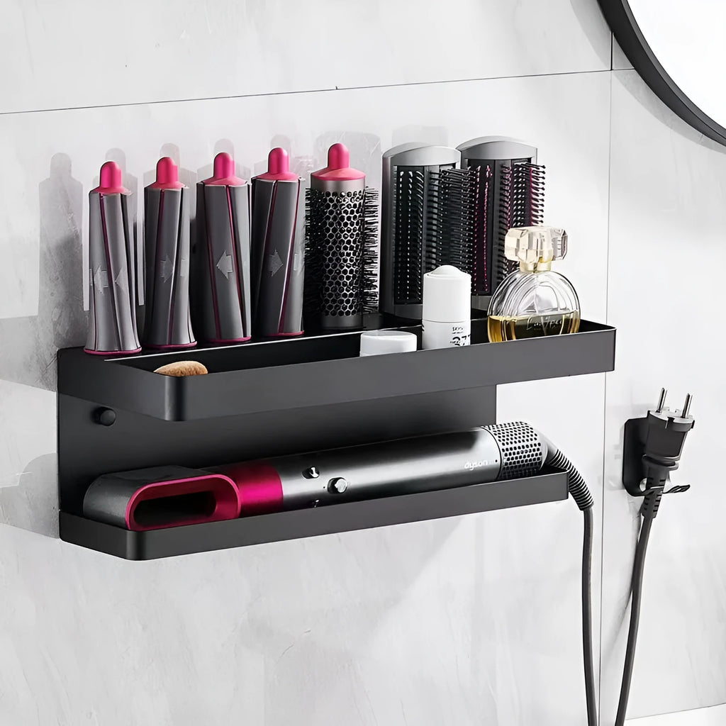 White double-layer aluminium bathroom storage rack holding hair curlers with punch-free installation