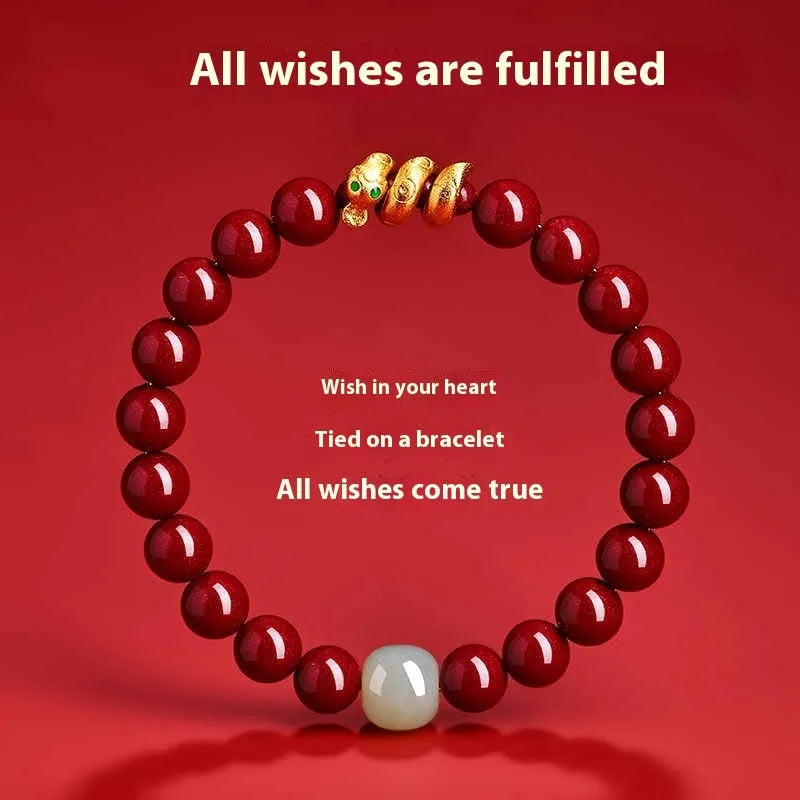 Handmade Chinese style cinnabar bracelet with snake zodiac beads in 6mm or 8mm diameter options