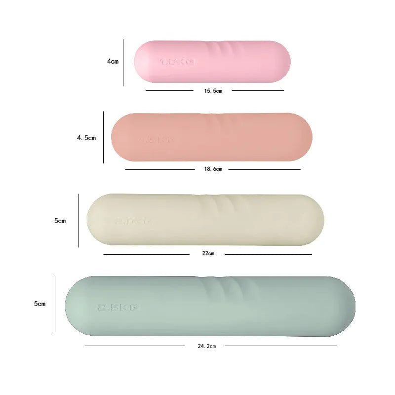 Silicone-edged hand-drawn dumbbell stick in various colours showing weight options for fitness training.