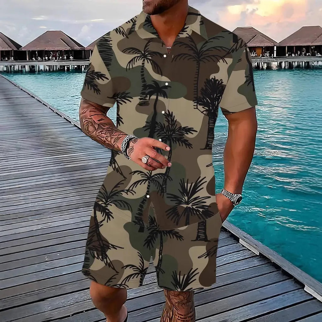 Man modelling a 3D printed Hawaii pattern short sleeve top and matching shorts leisure suit.