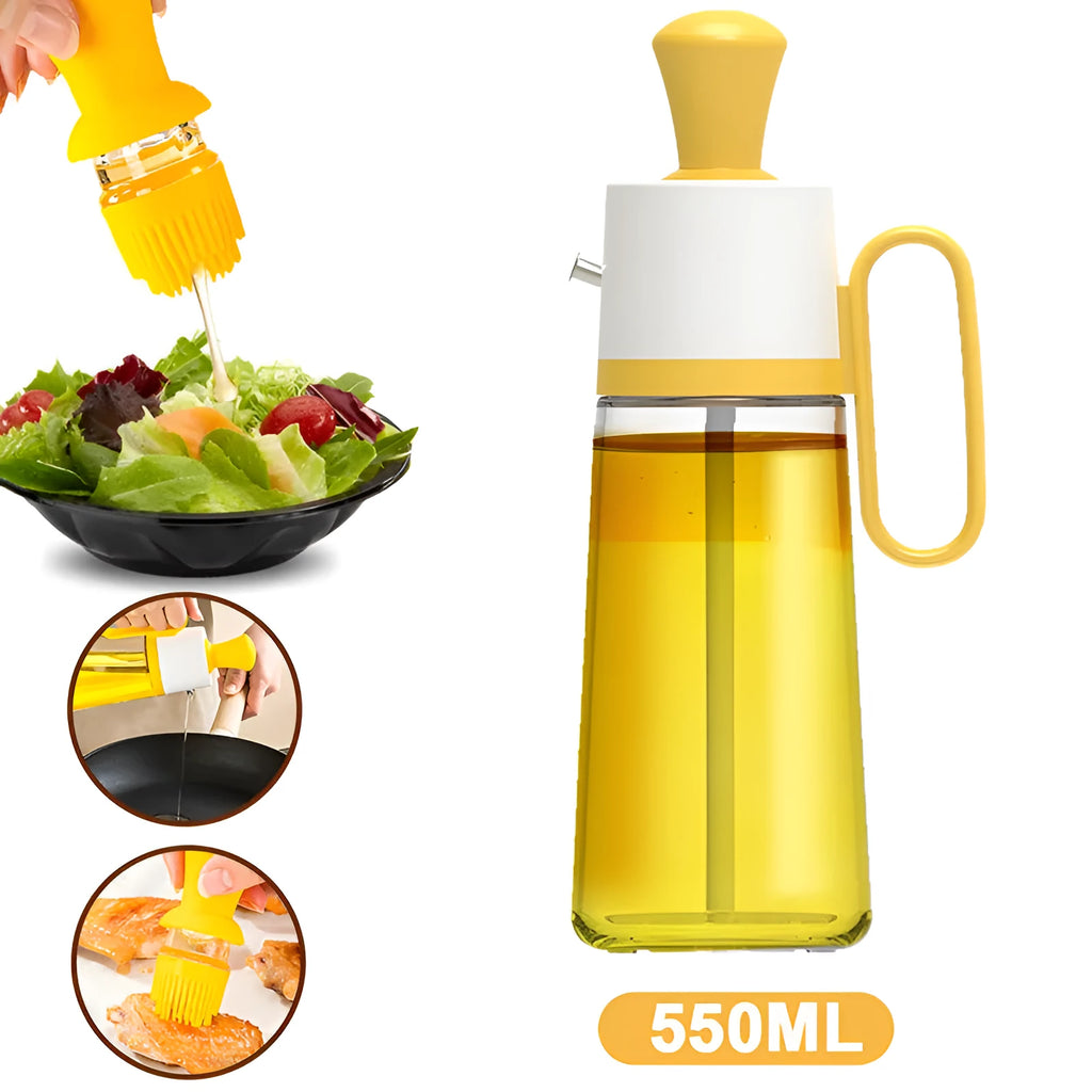 2 in 1 oil dispenser with silicone brush, 550ml soda glass bottle, 304 stainless steel nozzle, yellow green brown