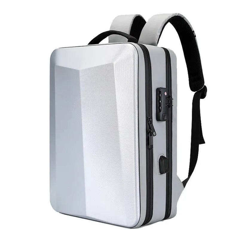 Men's business backpack in black or silver white with ABS PC construction and curved shoulder straps