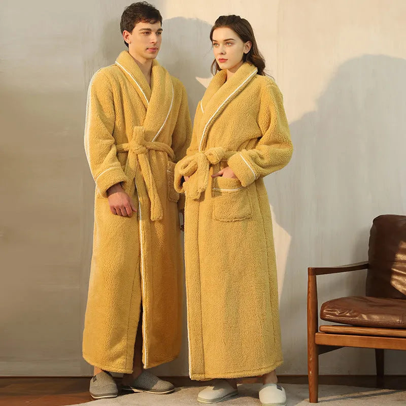 A super thick flannel couple's bathrobe for winter, shown in a colour option like navy blue or emerald green.