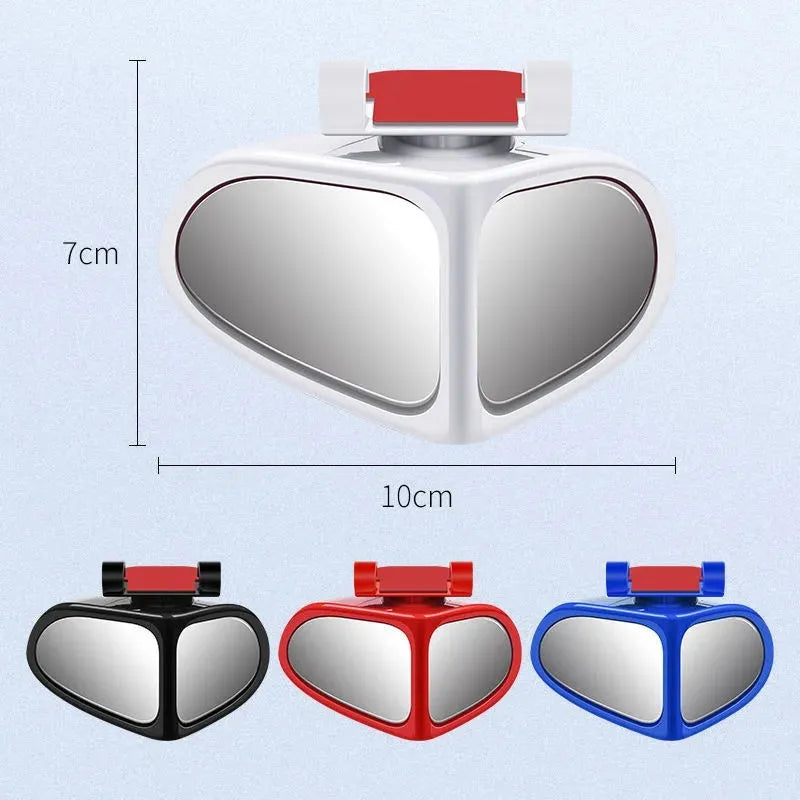Small round wide-angle car reversing mirror with adjustable joint and adhesive backing.