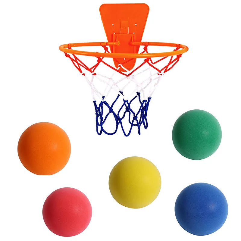 Silent foam indoor basketball toy in bright colours with soft elastic construction for safe indoor play