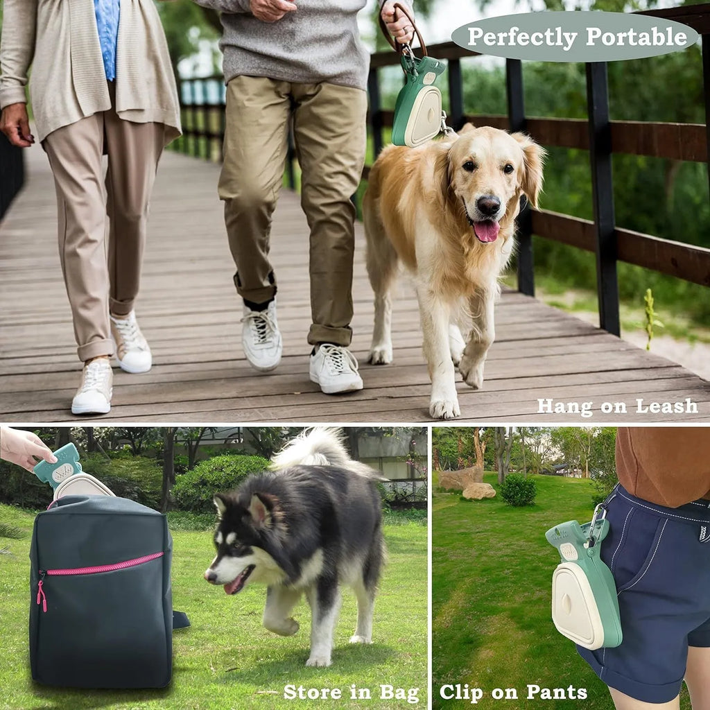 Portable handheld pooper scooper for dog waste with expandable container and bag attachment in grey, blue, green, or yellow