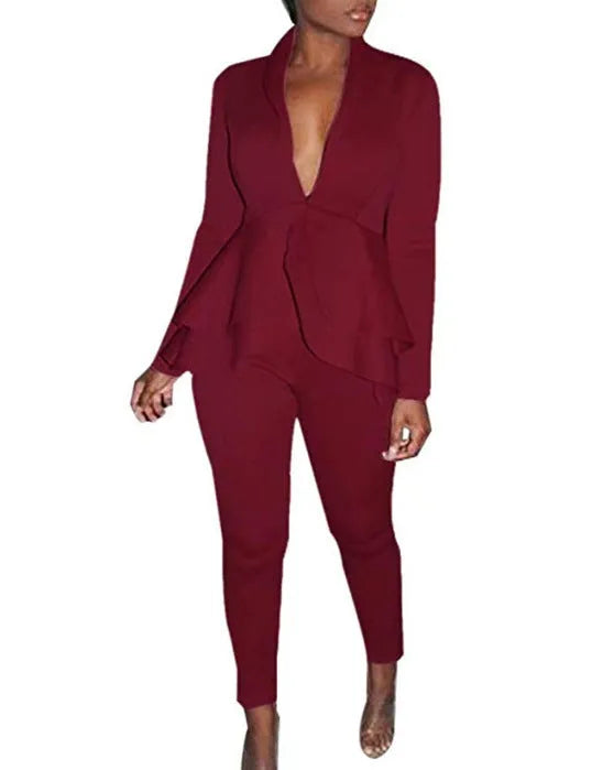 Women's business casual uniform set with ruffled top and pencil pants in eight colour options