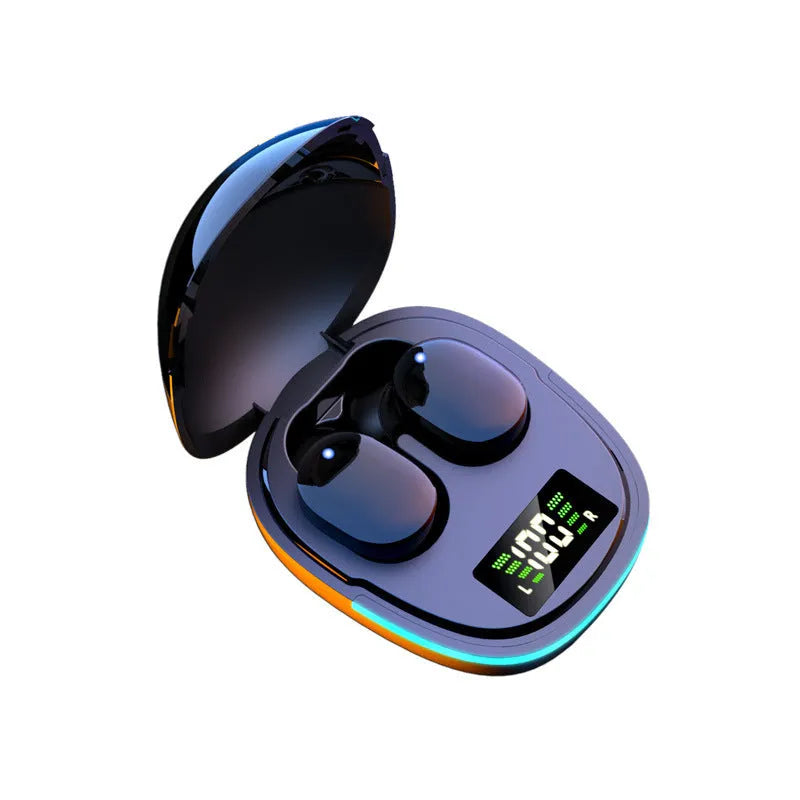 Black wireless Bluetooth headphones with charging case showing digital battery display