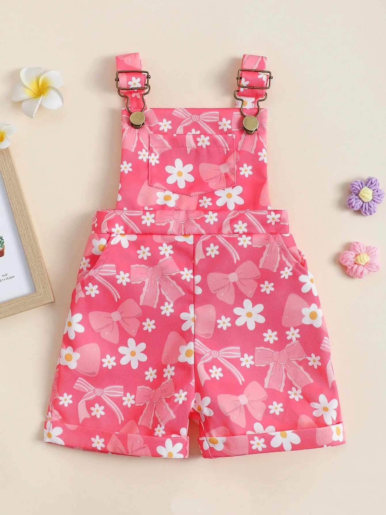 Baby flower cherry print cotton suspender pants in bright pink for toddlers fifth length