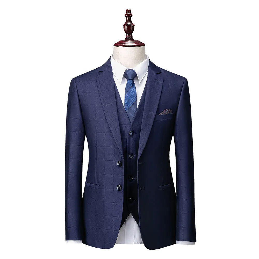 Men's navy blue plaid slim fit three-piece suit with vest, jacket, and trousers for business casual wear