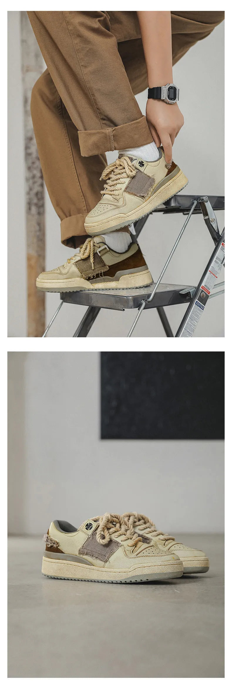 Beige low-top skateboard shoes with vintage patch detail and round toe on a rubber sole.