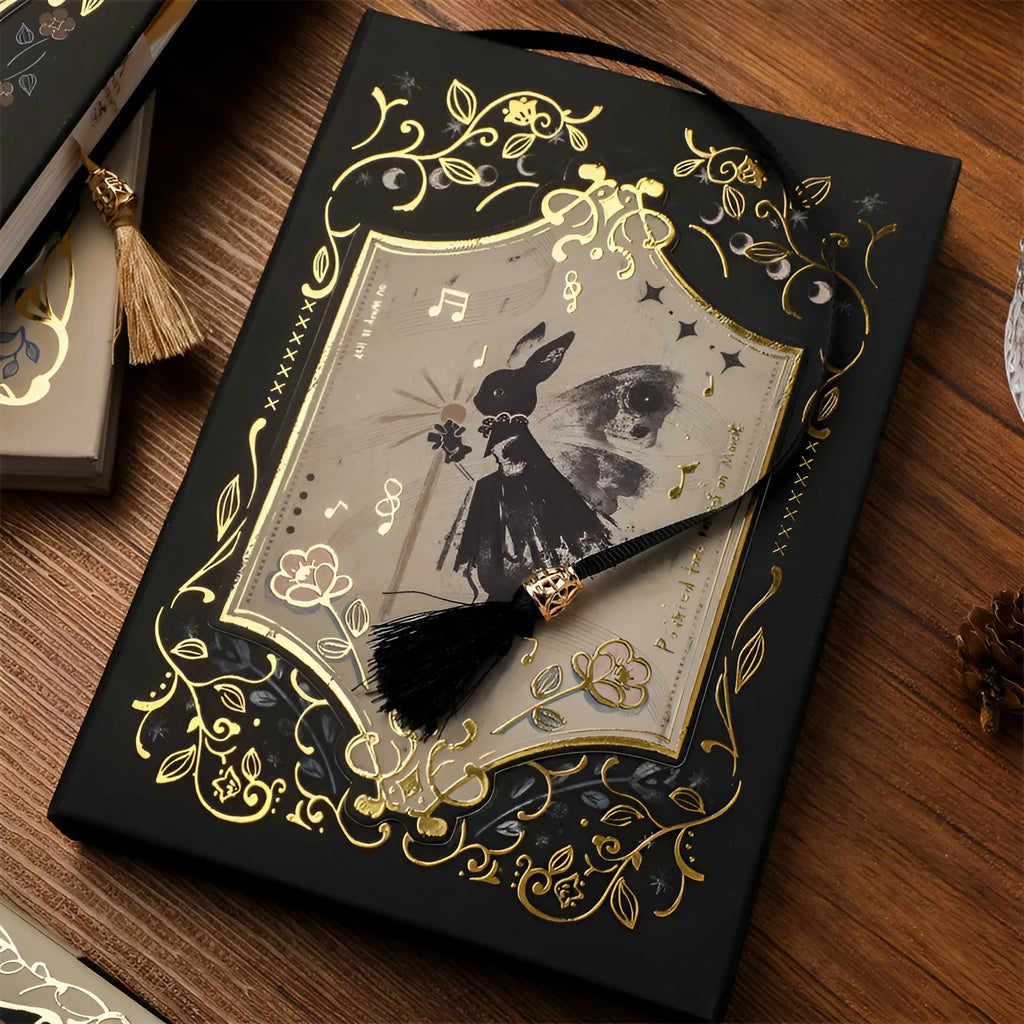 THALO Gothic style A5 retro notebook showing three cover design options including A-Little Rabbit, Forest, and Red Fruit Temptation variants.