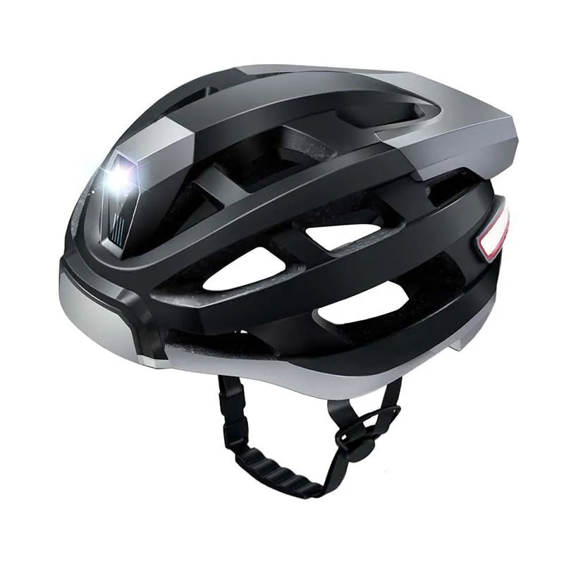 Black and grey adult cycling helmet with integrated warning lights on the rear.