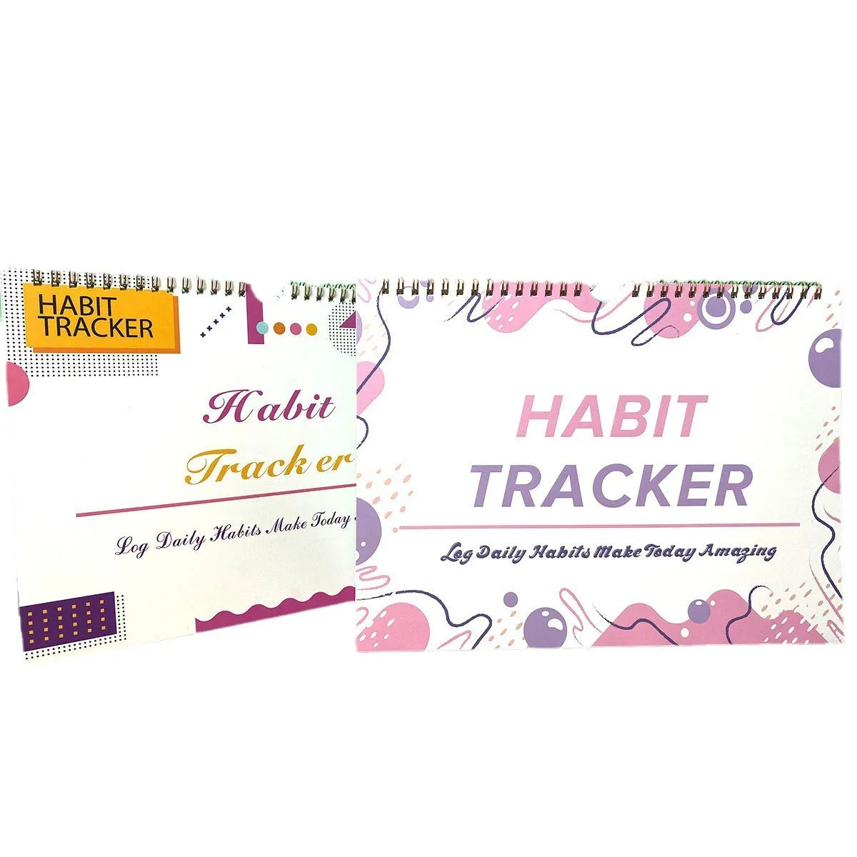 12-page habit tracking journal in pink and white, showing its 21cm by 28cm size.