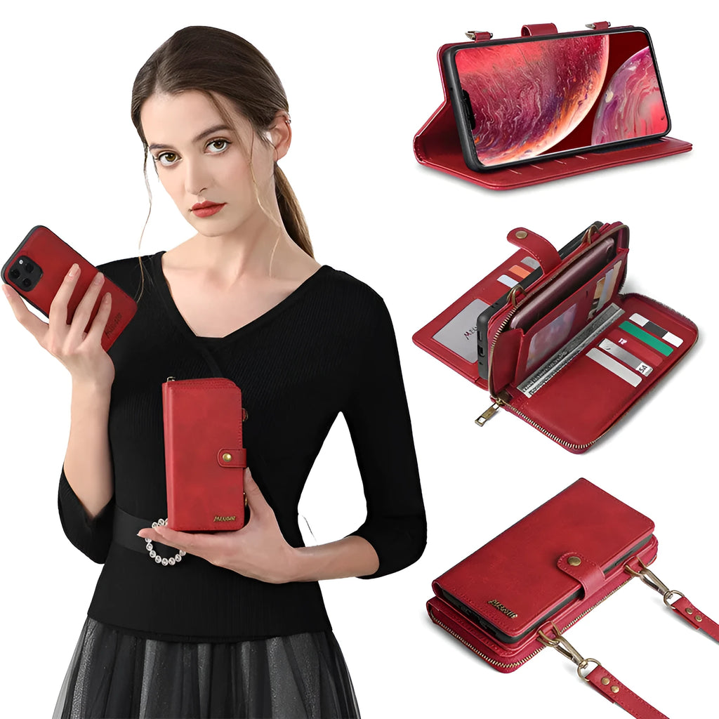 Wallet phone case with detachable backpack for Samsung Galaxy Note and iPhone in black, blue, brown or red