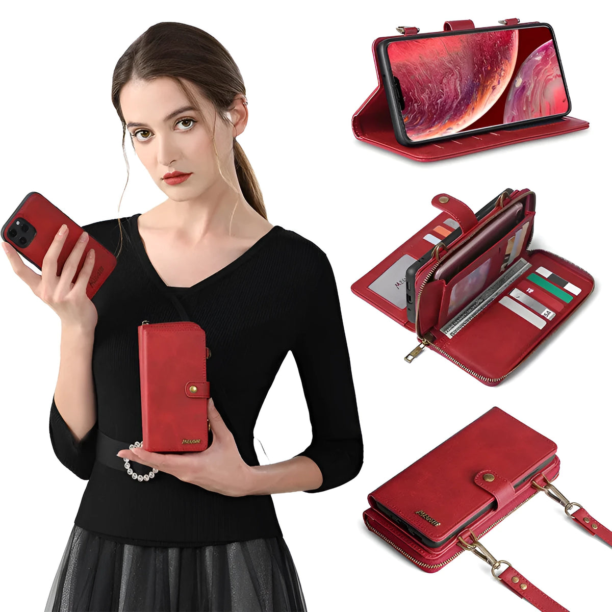 Wallet phone case with detachable backpack for Samsung Galaxy Note and iPhone in black, blue, brown or red