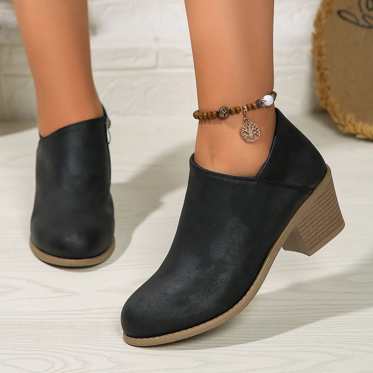 Chunky heel round toe ankle boots for women with side zipper in black, synthetic leather