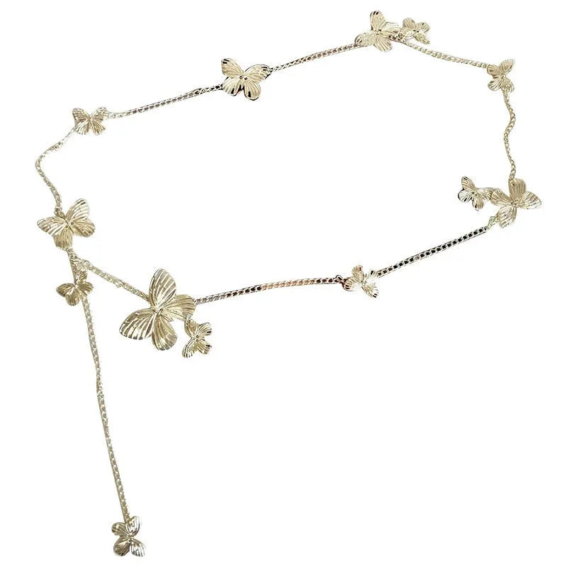 Women's alloy waist chain with butterfly charm in gold or silver colour, 104cm length