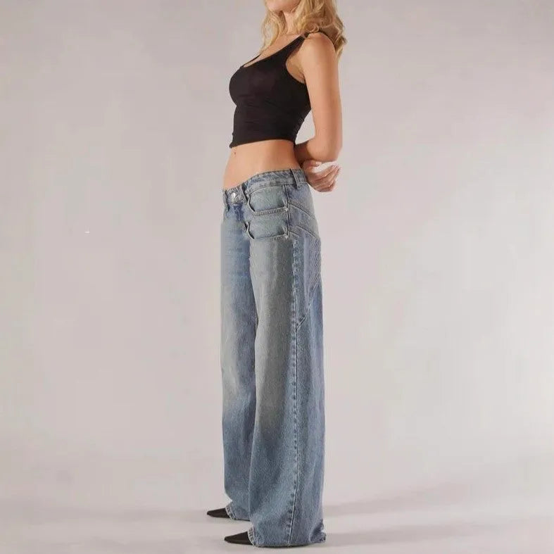 Women's loose fit cotton wide leg trousers in blue with low waist and splicing stitch detail.