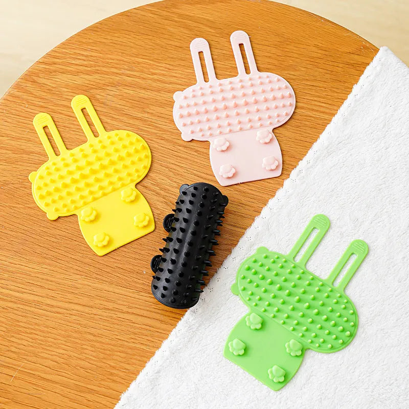 Silicone cat grooming comb with rounded teeth and adjustable strap in chosen colour
