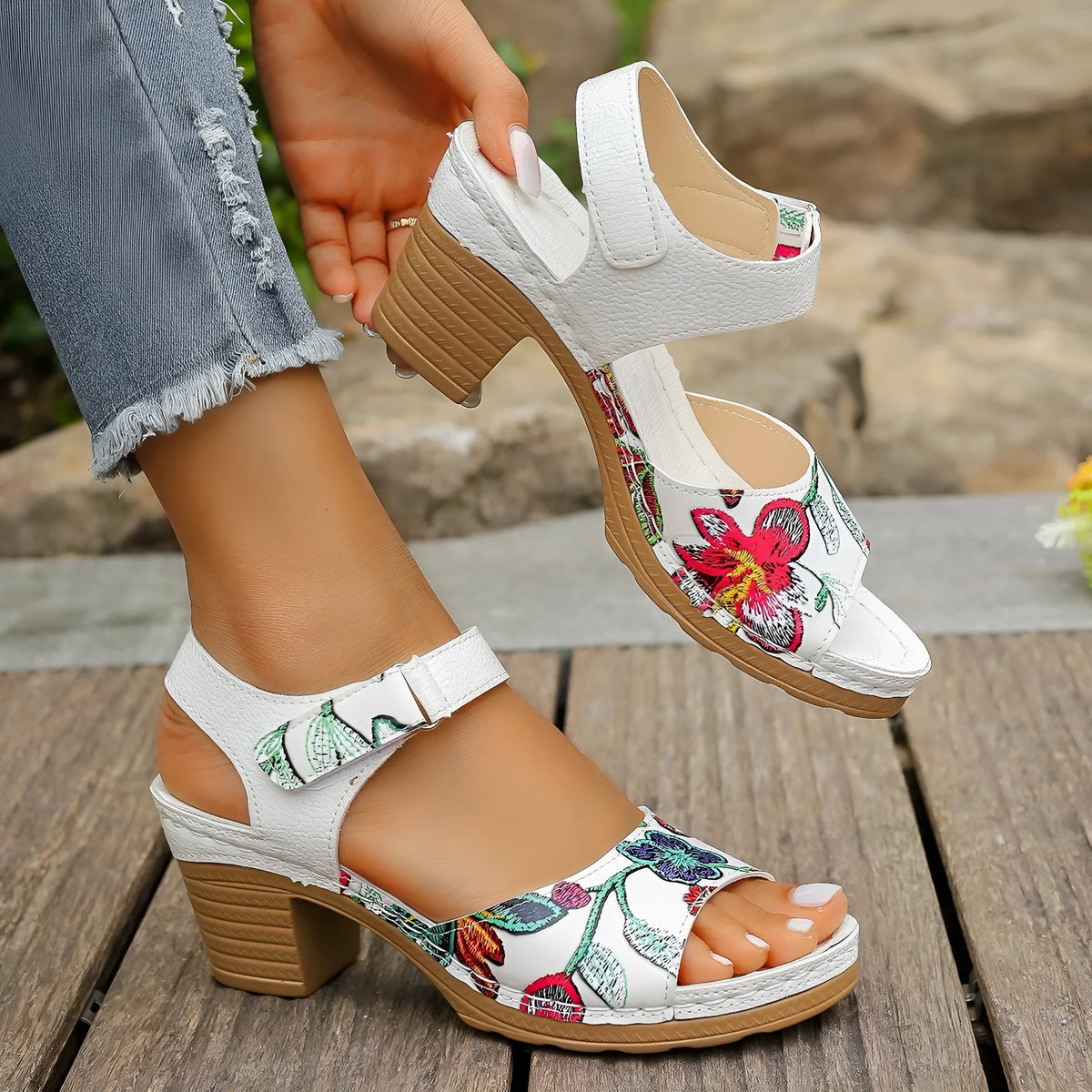 White women's high heel sandals with Velcro buckle fastening and rubber sole