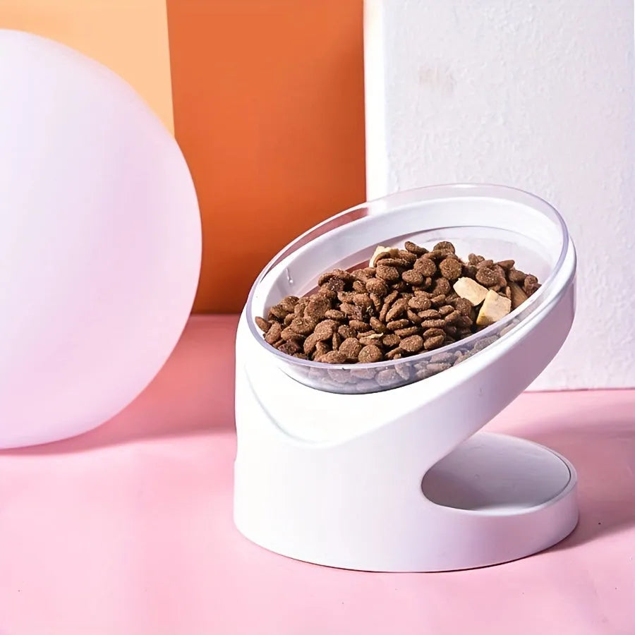 White elevated cat food bowl with ergonomic tilt design for comfortable feeding