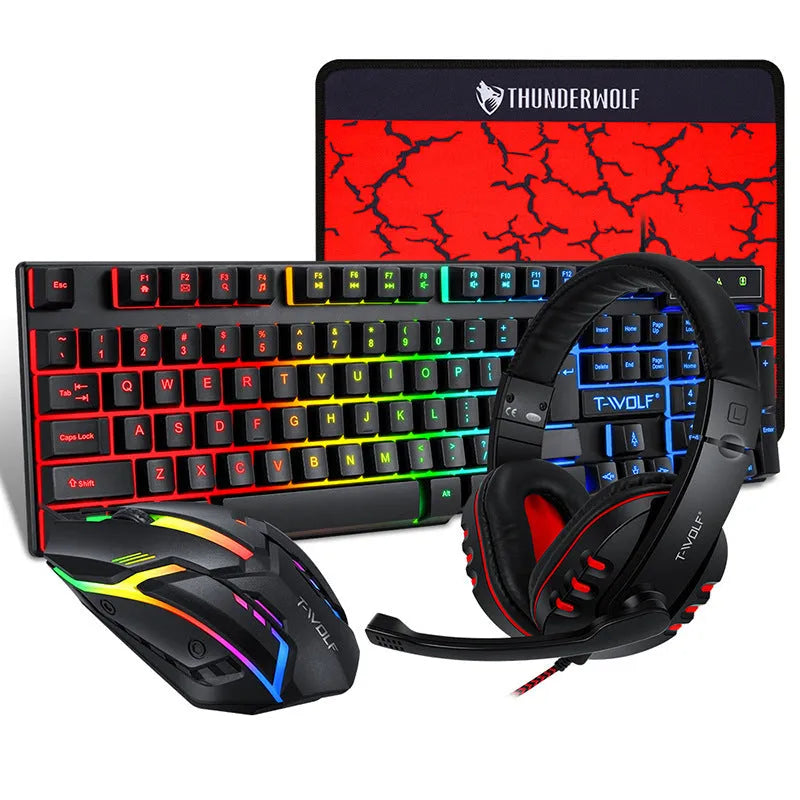 Thunder Wolf T800 gaming keyboard mouse headset bundle four piece set on desk