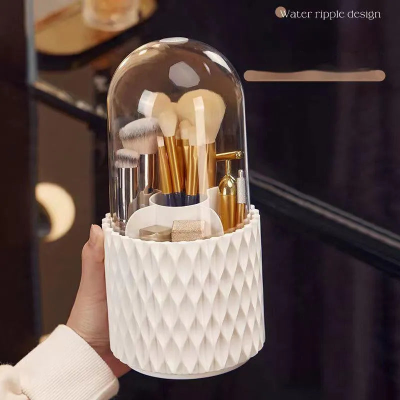 White transparent acrylic rotating makeup brush storage holder with dust-proof lid on desktop