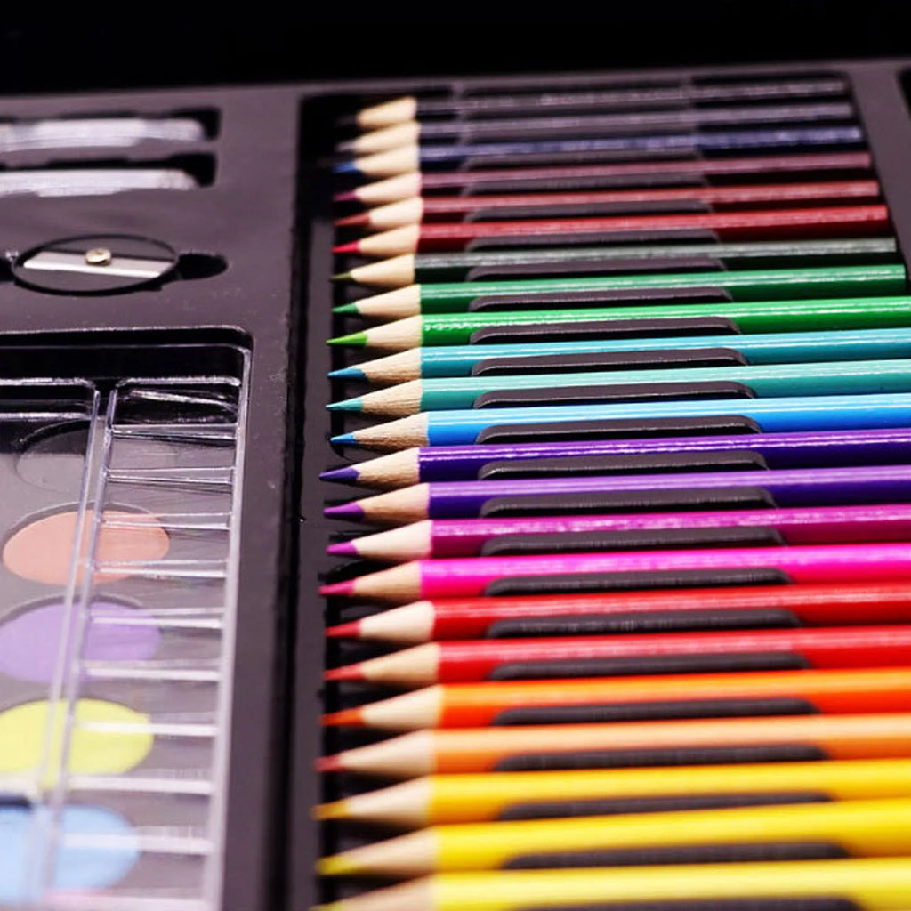 168-piece children's painting set with watercolour pens and oil pastels in a black plastic storage case
