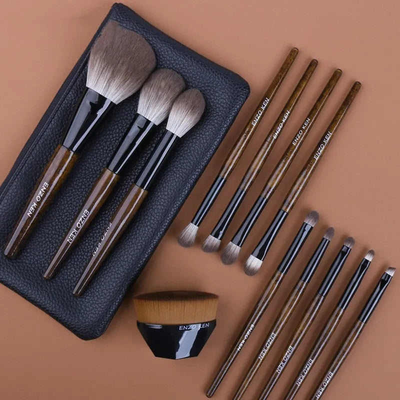12-piece makeup brush set with wooden handles in PU storage bag including powder foundation brush