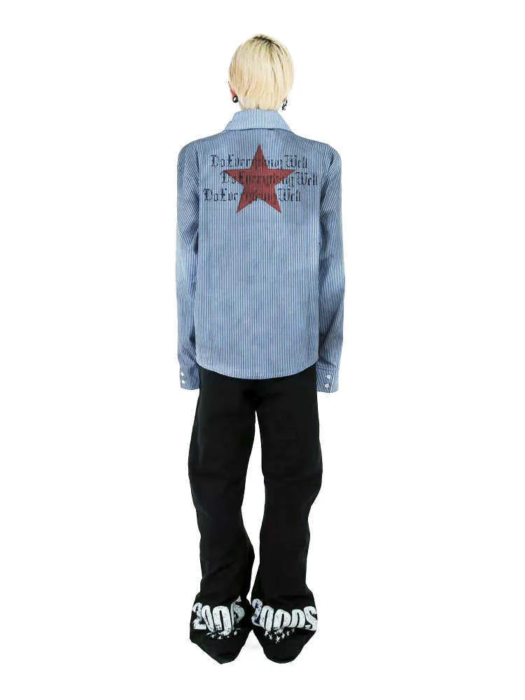 Men's washed blue striped casual shirt with lapel collar and long sleeves