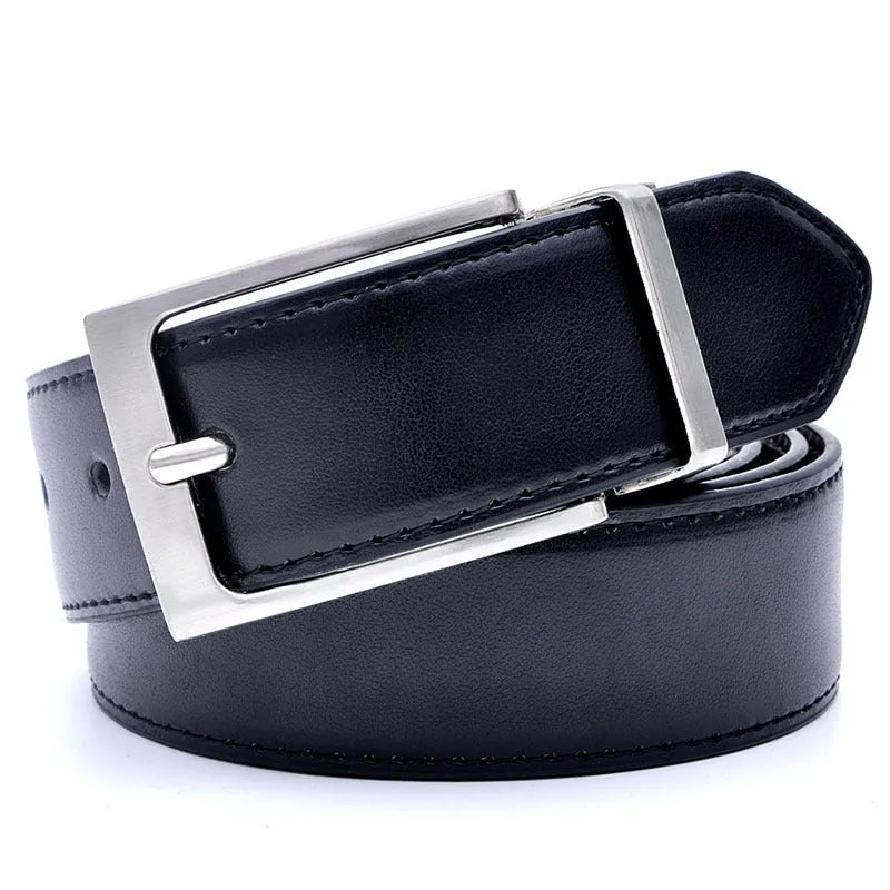 Men's dark brown and black leather belt with a silver alloy rotating pin buckle.