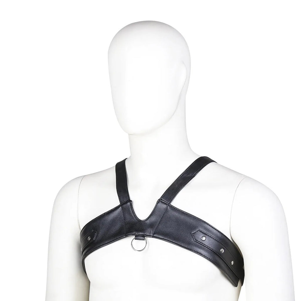 Men's black leather adjustable chest strap harness on torso