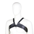 Men's black leather adjustable chest strap harness on torso