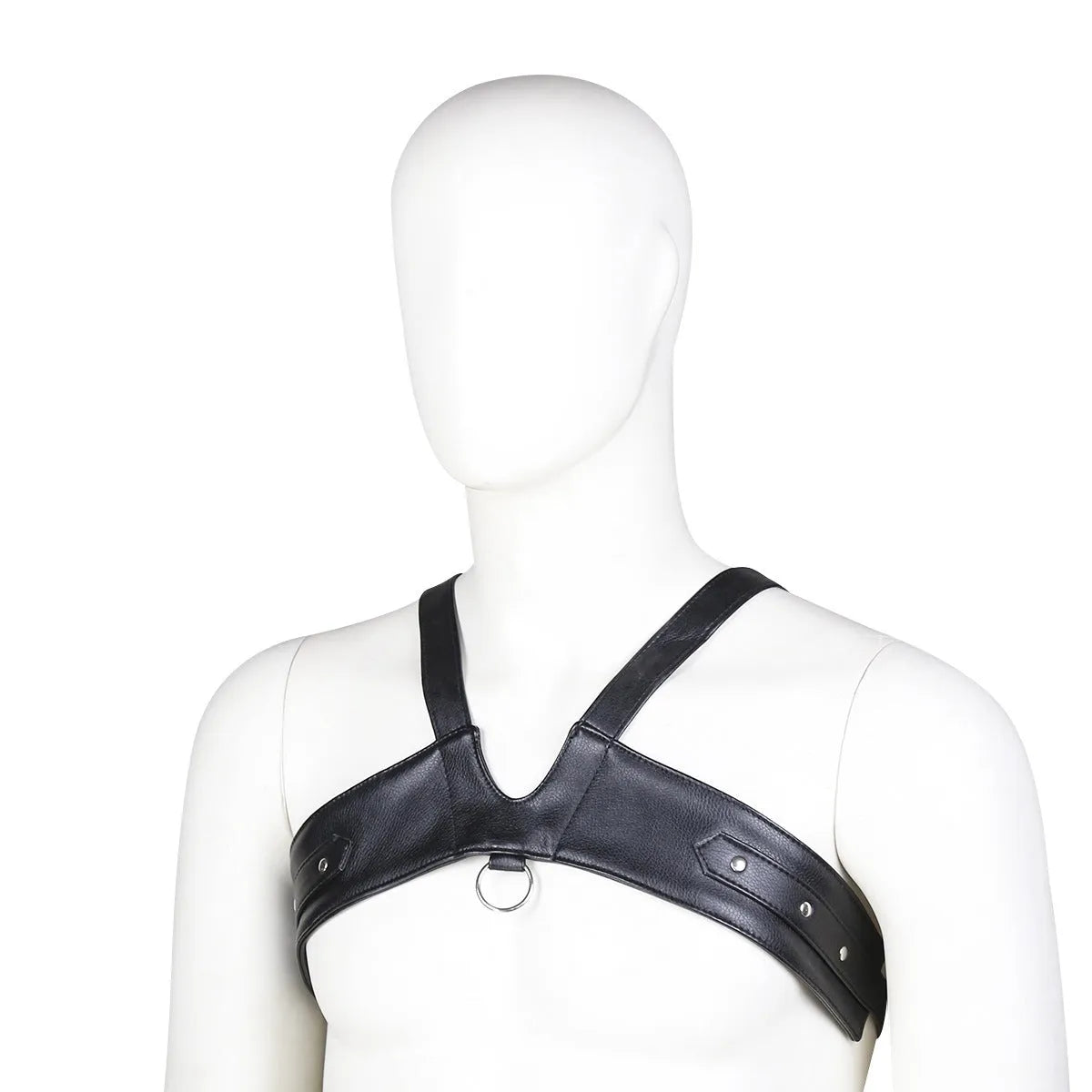 Men's black leather adjustable chest strap harness on torso