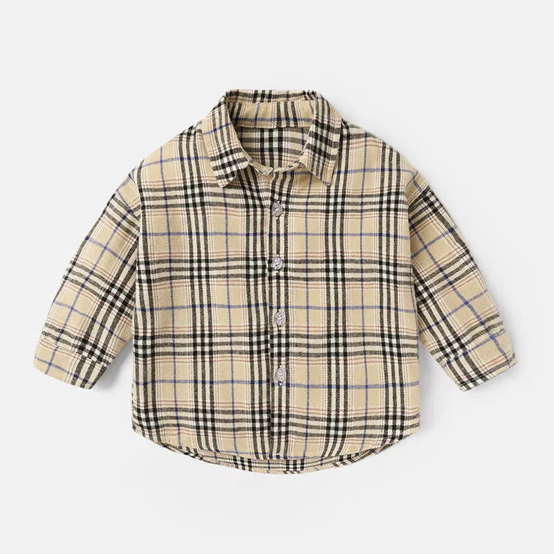 Boys' cotton lattice pattern shirt in khaki, light blue, pink or yellow with animal cartoon prints