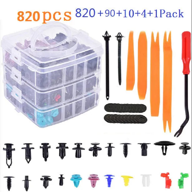 925-piece boxed set of universal car body fasteners including 26 kinds of nylon plastic clips, rivets, and fender screws with 105 tools