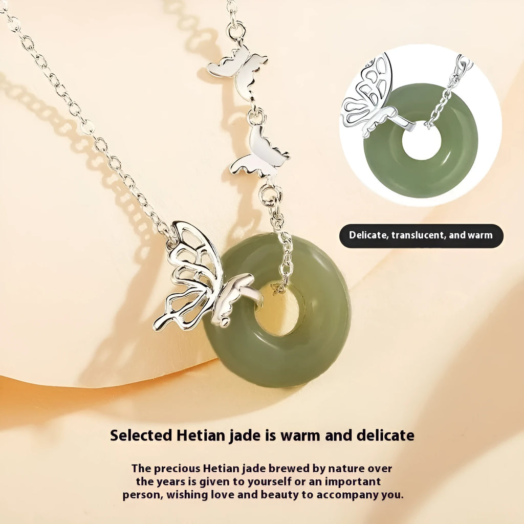 925 silver butterfly necklace with inlaid jade peace buckle on a chain, with matching bracelet