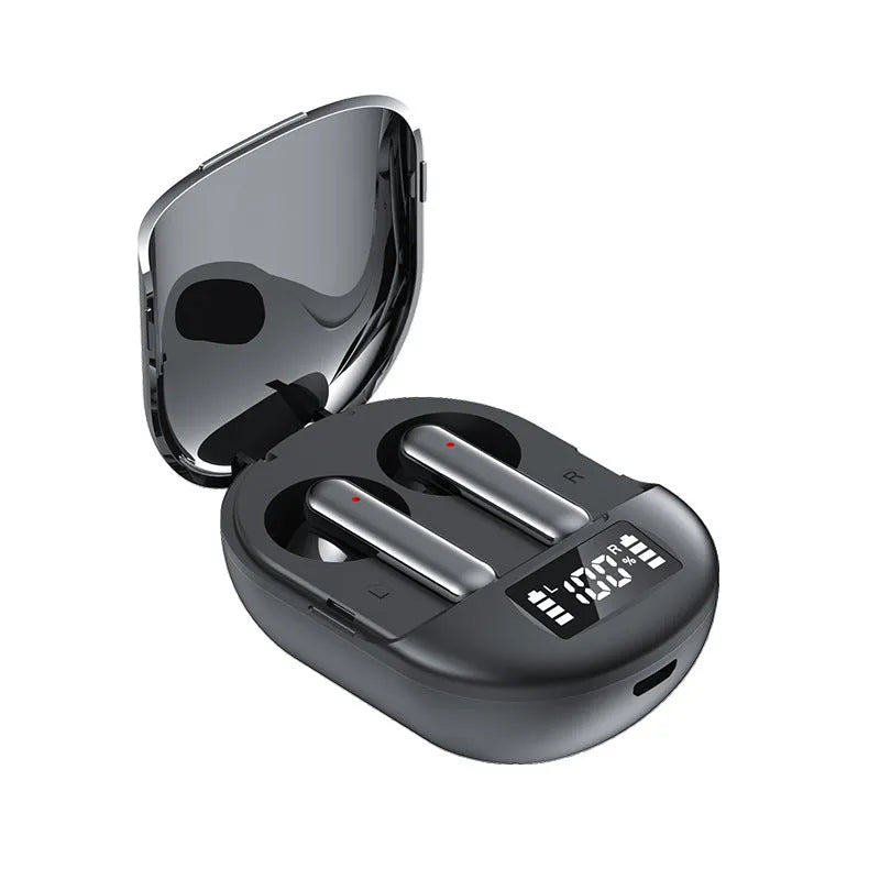 Black and white wireless Bluetooth in-ear headphones with a charging bin.