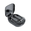 Black and white wireless Bluetooth in-ear headphones with a charging bin.