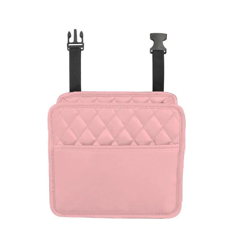 Leather car interior hanging storage bag organiser in black, pink, green, or white colours