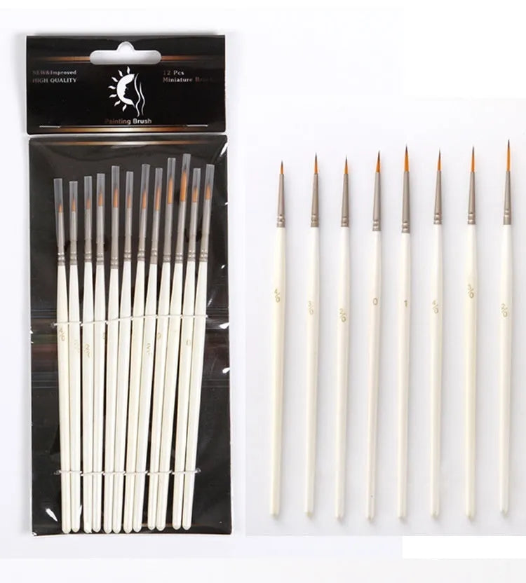 Set of 12 Pearl White artist paint brushes with nylon wool bristles, metal ferrules, and wooden handles.