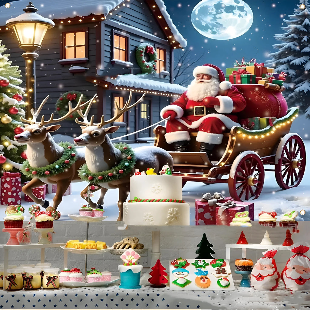 Red and white Christmas banner with Santa Claus design, measuring 210cm by 150cm.