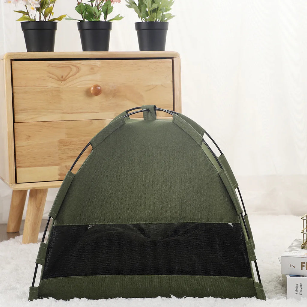 Pet tent cooling mat bed with cushion for dog or cat, military green, portable travel pet bed in L size