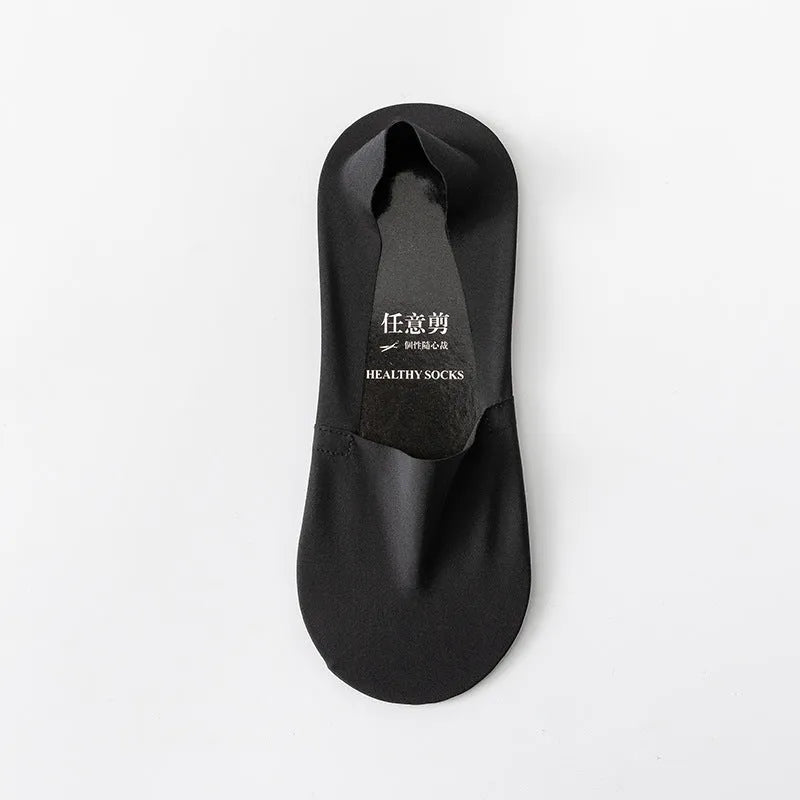 Men's invisible low cut socks with cotton bottom and ice silk, shown in black, gray, navy, khaki, white and green.