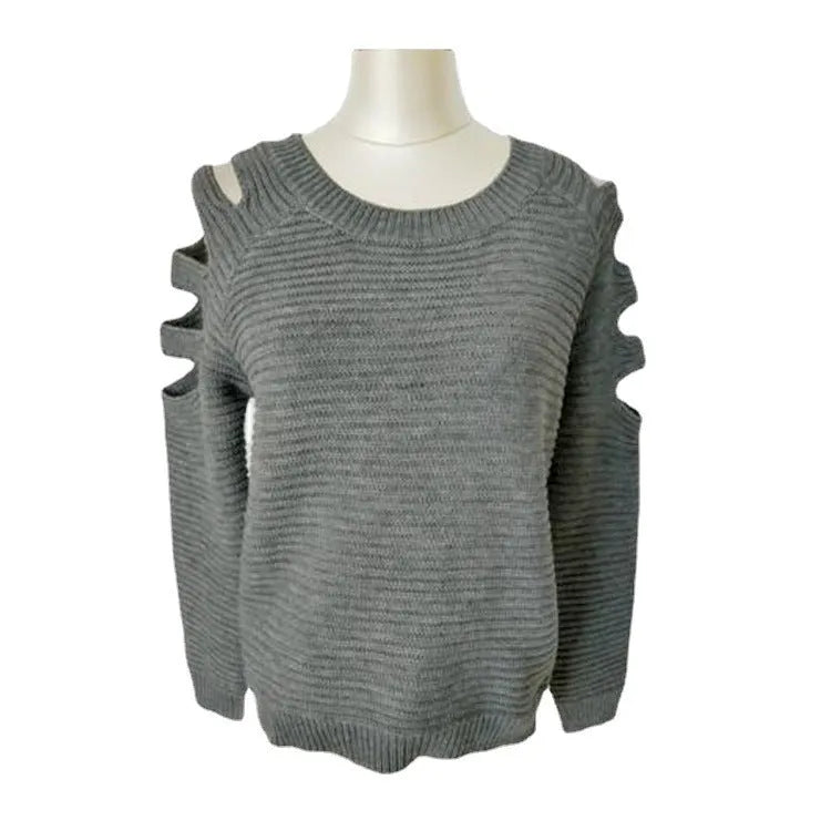 Women's grey hollow-out crochet knitted long sleeve shirt with round neck on a hanger.