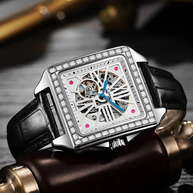 Men's square automatic watch with diamond-studded design on steel belt