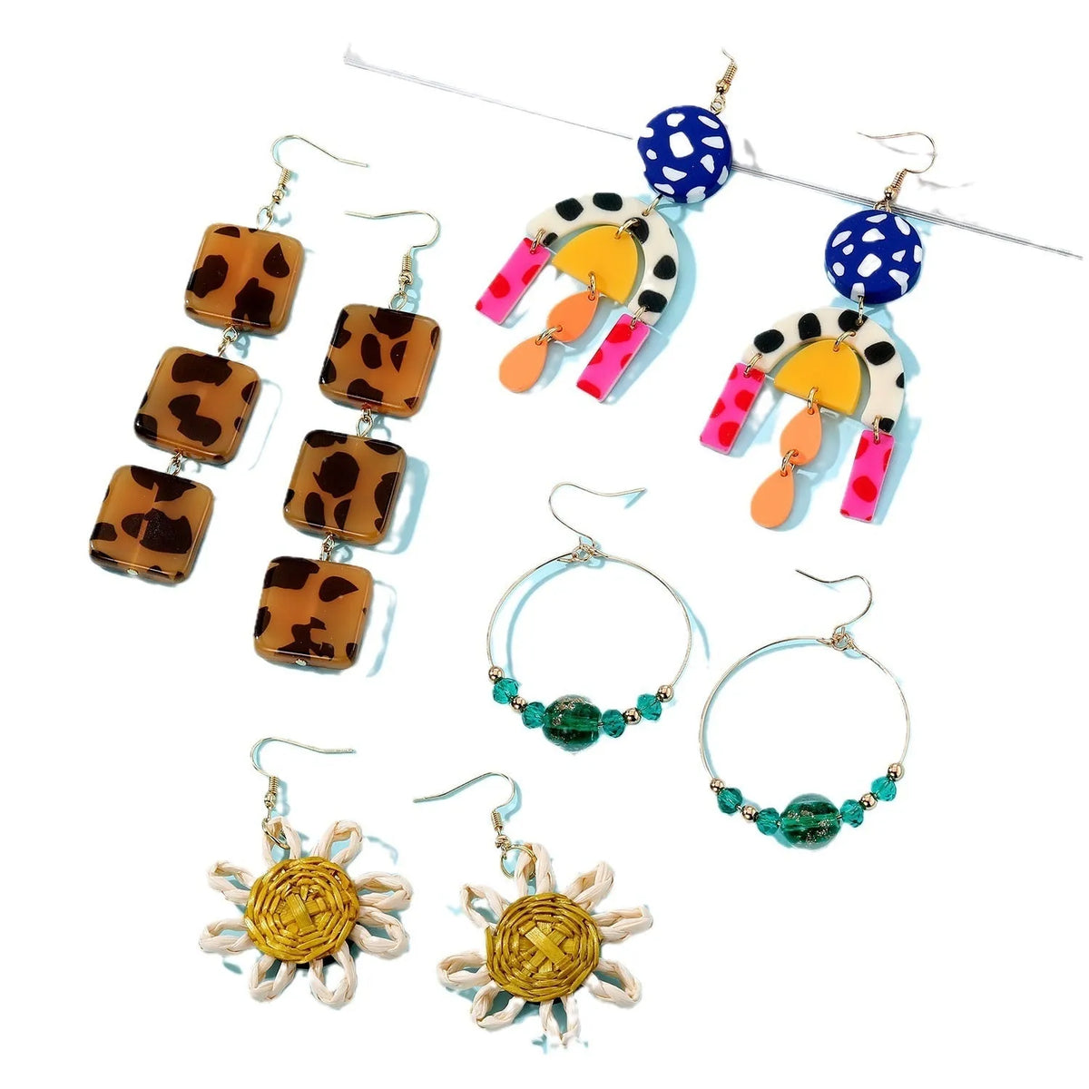 Women's geometric square ear studs in leopard print, sunflower and colourful glaze bead designs, electroplated plastic resin
